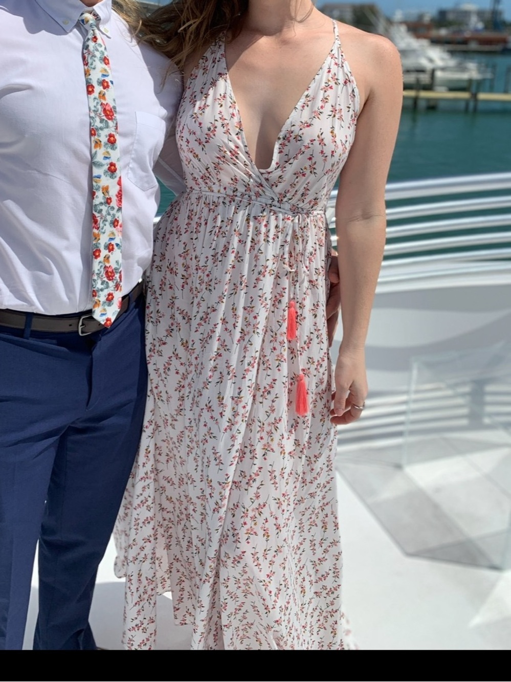 Floral White Maxi Dress with Coral Tassels